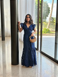 Vestido Glória Longo de Renda  Azul Marinho