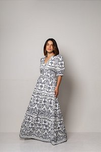 Vestido Madalena de Linho Bicolor Branco com Azul Marinho