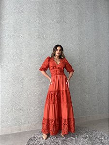 Vestido Madalena de Linho com Laise Terracota