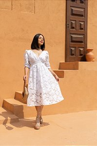 Vestido Vitória  Manga 3/4 Renda Branca