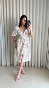 Vestido Vitória  Manga 3/4 Renda Branca com nude