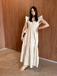 Vestido Glória Longo de Linho Bordado em Cordonê Cru