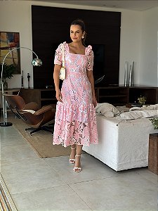 Vestido Midi Graça de Renda Rosa com Branco