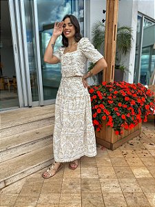 Conjunto de Linho Bordado Francesca Branco com Bege