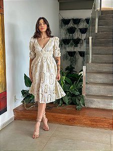 Vestido Vitória  Manga 3/4 Algodão Bordado Bicolor Branco com Bege