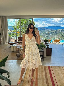 Vestido Vitória Em Algodão Bordado em Cordonê Branco com Bege