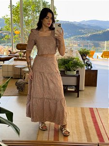 Conjunto de Linho Francesca Bordado Cappucino