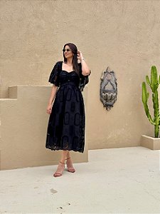 Vestido Cintia Cordone Midi de Algodão Preto