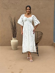 Vestido Cintia Cordone Midi de Algodão Bordado Branco