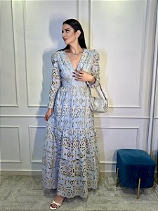 Vestido Glória Longo de Renda Manga bufante Azul com Bege