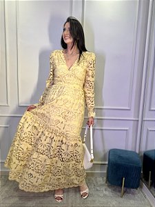 Vestido Glória Longo de Renda Manga bufante Amarelo com Bege