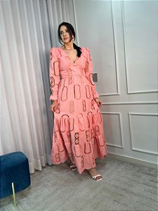 Vestido Glória Longo Cordonê Manga bufante Rosa Bloom