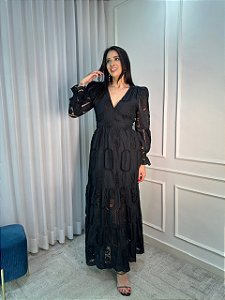 Vestido Glória Longo Cordonê Manga bufante Bicolor Preto