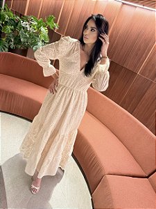 Vestido Glória Longo Cordonê Manga bufante Cru