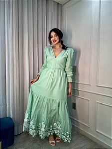 Vestido Glória Longo Cordonê Manga bufante Verde Oliva