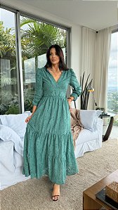 Vestido Glória Longo Laise Manga bufante Verde Militar