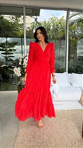 Vestido Glória Longo de Manga Bufante Laise Vermelho Tomate