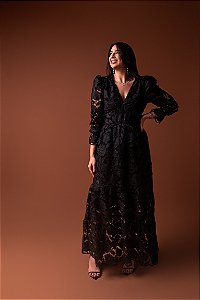 Vestido Glória Longo de Renda Manga bufante Preto