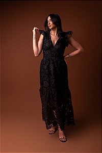 Vestido Glória Longo de Renda Preto