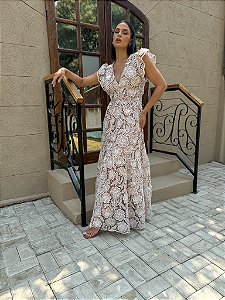 OPORTUNIDADE - Vestido Glória Longo de Renda Bicolor Nude Rosé com Branco
