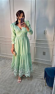 OPORTUNIDADE - Vestido Glória Longo Manga bufante Verde Oliva