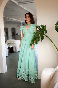 OPORTUNIDADE- Vestido Glória Longo de Algodão Bordado Verde Oliva