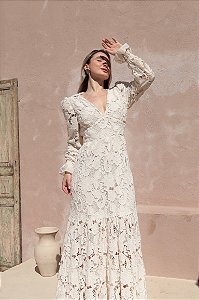 OPORTUNIDADE - Vestido Glória Longo Cordonê Manga bufante Cru