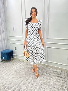 OPORTUNIDADE - Vestido Midi Graça Branco/Preto