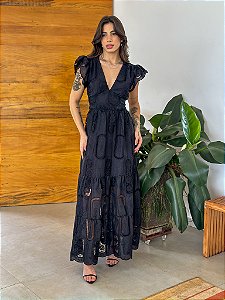 OPORTUNIDADE - Vestido Glória Longo de Algodão Bordado Preto