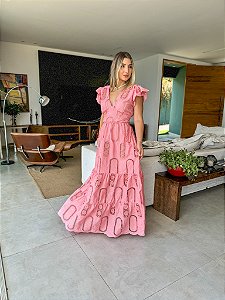OPORTUNIDADE - Vestido Glória Longo de Bordado Rosa
