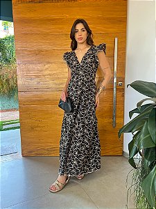 OPORTUNIDADE - Vestido Glória Longo de Laise Bege/Preto Flor