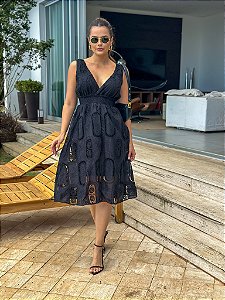 OPORTUNIDADE - Vestido Vitória Em Algodão Bordado em Cordonê Preto