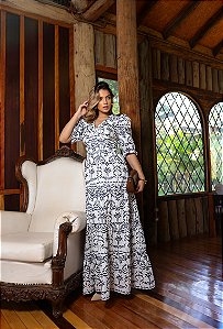 OPORTUNIDADE - Vestido Madalena de Linho Bicolor Branco com Azul Marinho