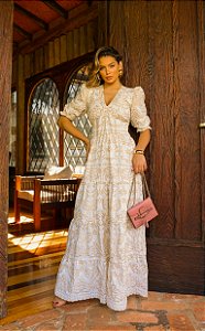 OPORTUNIDADE - Vestido Madalena de Linho Bicolor Branco com Bege