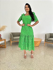 OPORTUNIDADE - Vestido Midi Graça de Laise Verde Primavera