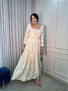 OPORTUNIDADE - Vestido Marina de Linho Bordado Cru