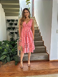 OPORTUNIDADE - Vestido Vitória Em Algodão Bordado em Cordonê Rosa Bloom