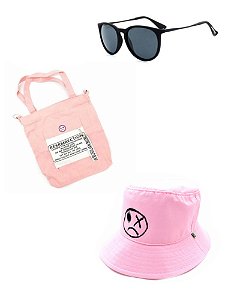 Kit Chapeu bucket Dark Face rosa com desenhos com Óculos de Sol Preto e bolsa rosa- KITDKFBUCKETR
