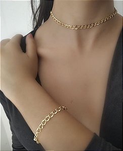 Conjunto choker e Pulseira banhado a ouro 18K