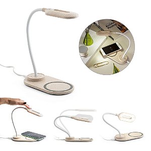 Luminária de mesa em ABS e fibra de palha de trigo com carregador wireless