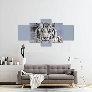 Quadro Decorativo Mosaico com 5 peças Tigre Branco 130x60cm