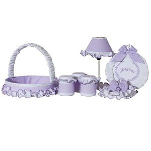 Kit Acessórios Quarto De Bebê Realeza Lilás com Branco 07 peças