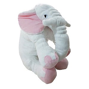 Almofada Travesseiro Elefante News Bebê Dormir Pelúcia Branco com Rosa 64cm