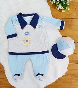Macacão Longo para Bebê Príncipe Cinza com Azul 02 peças