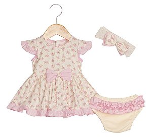 Vestido Para Bebê Poli Rosa com Palha 03 Peças