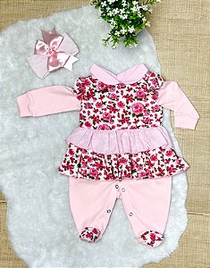 Macacão Longo de  para Bebê Clarinha Rosa 03 Peças