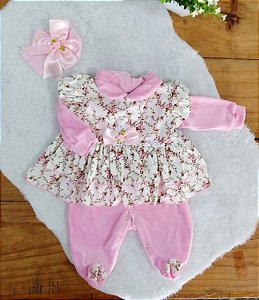 Macacão Longo de Plush para Bebê Elegance Rosa 03 peças