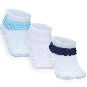 Combo 03 Pares de Meia Persa Para Bebê: Azul Bebê, Azul Marinho e Branco 0 a 06 meses