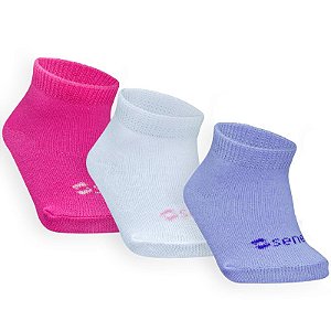 Combo 03 Pares de Meia Colors Para Bebê: Branca, Lilás e Pink 06 a 12 meses