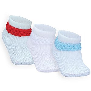 Combo 03 Pares de Meia Persa Para Bebê: Azul Bebê, Vermelha e Branco 0 a 06 Meses